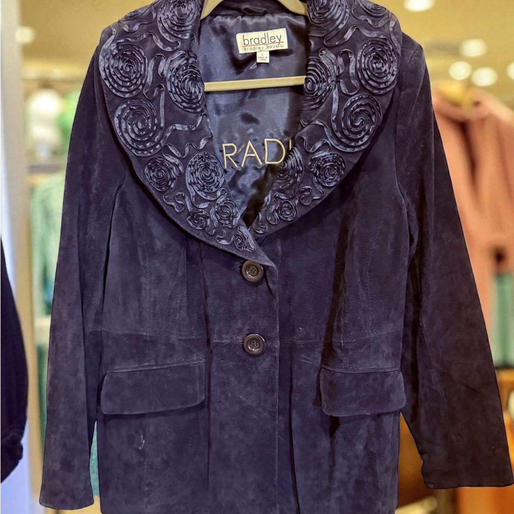 Navy Women's Fall Suede Jacket with Floral Collar, Bradley Bayou